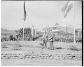 Royal Natal National Park, Drakensberg, 14 to 16 March 1947. Two unidentified men beside visitor ...
