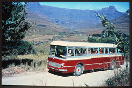 Drakensberg, 1984. SAR Mercedes Benz tour bus No MT16031 with Amphitheatre in the distance. Note ...