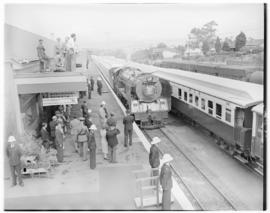 Worcester, 22 February 1947. Royal Train train pulling into station alongside Pilot train, SAR Cl...