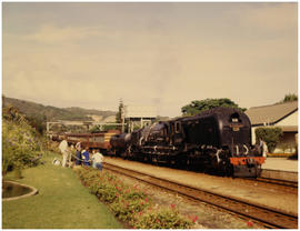 George, district 1984. SAR Class GMA 'Black Beauty - City of George' with passenger train at rail...