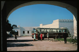Etosha Game Park, South-West Africa, 1971. SAR Mercedes Benz tour bus at Fort Namutoni rest camp.