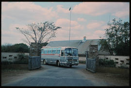 Kruger National Park, 1975. SAR Mercedes Benz tour bus No MT60045 leaving Lower Sabie rest camp. ...