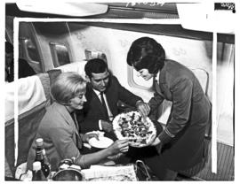 
SAA Boeing 707 interior. Cabin service. Hostess.
