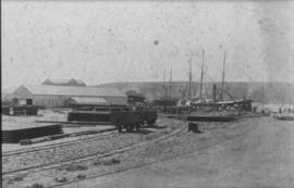 Durban. Railway lines and sailing vessels at the Point. Durban Harbour.