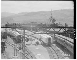 Pietermaritzburg, 18 March 1947. Pilot Train, Royal Train and regular mainline train at the station.
