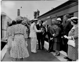 Port Elizabeth.  King George VI being greeted by the mayor on station near the Campanile.