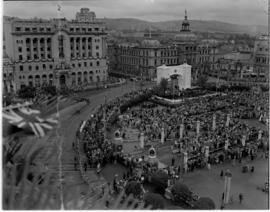Pretoria, 29 March 1947. Aerial view of Church Square with white arch erected for the Royal Tour.