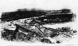 Humansdorp district, circa 1911. Gamtoos River bridge: Hoisting 40 feet girders onto piers passin...