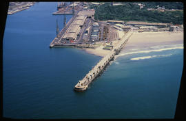 East London, March 1986. Aerial view of pier at entrance to Buffalo Harbour. [T Robberts]