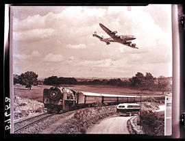 
Composite image of Blue Train, SAA Lockheed Constellation aircraft and SAR Canadian Brill bus.
