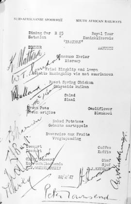 22 February 1947. A 'Kaaiman' dinner menu with many signatures. Royal Tour.