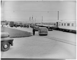 Port Elizabeth, 26 February 1947. Motor cavalcade drawn up alongside the Royal Train at Humewood ...
