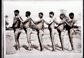 Namibia, 1935. Line of six male Bushmen.
