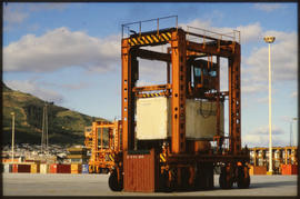 Cape Town. Container straddle carrier in Table Bay Harbour.