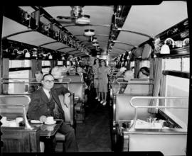 Cape Town, 1947. Tour officials in staff dining saloon No 219 'Protea'.