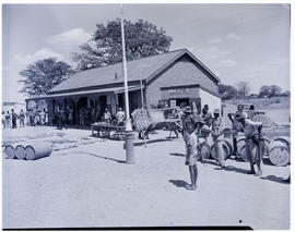 Bechuanaland, 1950. Crafts for sale at railway station.