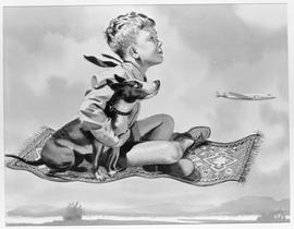 Publicity poster of boy and dog flying on magic carpet. Lockheed Constellation airborne in the ba...