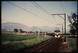 Paarl district, August, 1972. SAR Class 5E1 Srs 1 No E443 with test New Blue Train hence no headb...