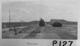 Schoombee, 1895. Train hauled by Cape 4th Class Stephenson and station building in the distance. ...