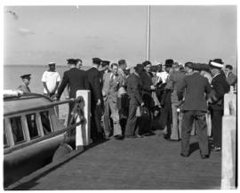Vaal Dam, May 1948. Arrival of BOAC Solent flying boat G-AHIN 'Southampton'. Passengers on jetty.