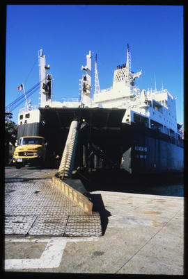 East London, August 1985. 'Ronsard' RoRo ship in Buffalo Harbour. [Z Crafford]