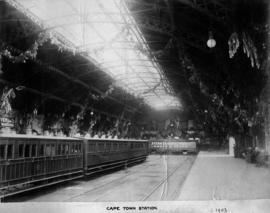 Cape Town, 1903. Inside of station decorated for visit of Mr Chamberlain.