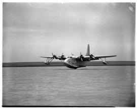 Vaal Dam, November 1949. Arrival of BOAC Solent flying boat G-AKNP 'City of Cardiff'. Touching down.