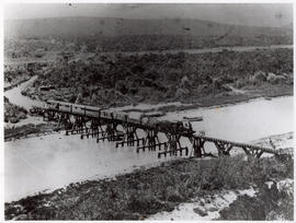Humansdorp district, circa 1905. Narrow gauge train on old Gamtoos River trestle bridge hauled by...
