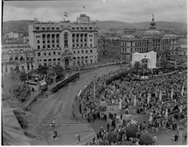 Pretoria, 29 March 1947. Aerial view of Church Square with white arch erected for the Royal Tour.
