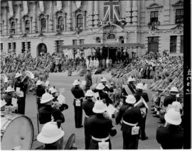 Durban, 22 March 1947. Army cadets march past Royal family on dais at city hall