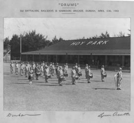Durban, 10 April 1943. SAR&H Brigade Third Battalion 'Drums' band at Hoy Park. (Lynn Acutt, D...