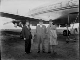 
Three men outside TWA Lockheed Constellation 'Star of Madrid'. NC86507. Trans World Airline.
