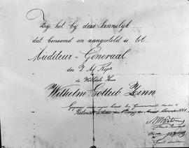 Pretoria, 1866. Certificate to confirm the appointment of the Auditor-General Wilhelm Gotlieb Zinn.