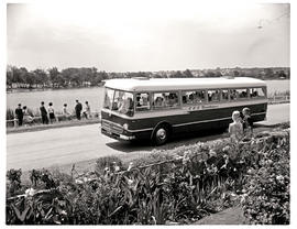 Johannesburg, 1965. SAR Mercedes Benz tour bus No MT16931 at Emmarentia Dam.