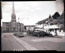 Graaff-Reinet, 1950. SAR Albion three-axle combination bus and truck with trailers loaded with wo...