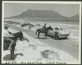 Cape Town, 1956. Horse riders in Milnerton with Table Mountain in background.