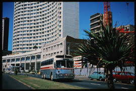 Durban, 1974. SAR Silver Eagle tour bus at large hotel.