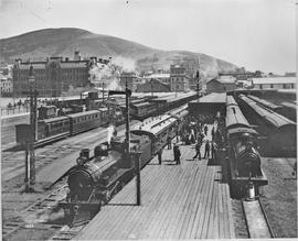 Cape Town, circa 1906. Departure of CGR 4-4-2 4th class Atlantic locomotive (later SAR Class 04) ...