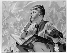 Publicity poster of boy and dog with 'Wonderland of Travel' book.
