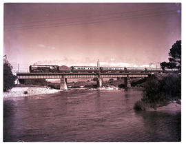 Paarl district, 1952. SAR Class 15F 209down Orange Express crossing the Berg River between Paarl ...