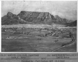 Cape Town, 1870. Watercolour painting of Table Bay Harbour, Cape Town and Table Mountain.