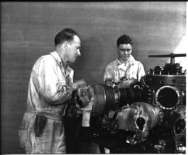 Johannesburg, circa 1949. Rand Airport. Working on aircraft radial engine in workshop. (JK Hora)