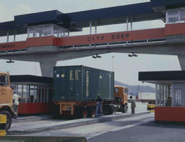 Johannesburg, 1978. Containers being weighed at City Deep container depot prior to loading on con...