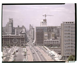Johannesburg, 1964. Rissik Street with large SAR emblem on railway building during Johannesburg F...