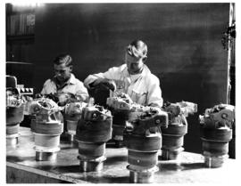 Johannesburg, circa 1949. Rand Airport. Technicians in workshop. Radial engine cylinders. (JK Hora)