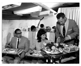 
SAA Boeing 707 interior. Cabin service. Galley. Steward.
