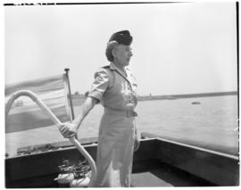 Vaal Dam, November 1949. BOAC Solent G-AHIX 'City of Edinburgh'. Hostess on passenger boat.