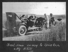Ladysmith district, 1925. Motor car breakdown with the Prince of Wales on the way to Spioenkop du...
