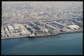 Durban, 1984. Aerial view of sugar terminal in Durban Harbour.
