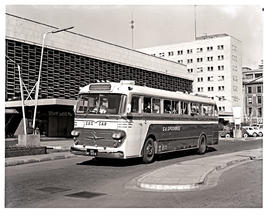 "Johannesburg, 1965. SAR Nissan MT16958 Nissan motor coach at station."